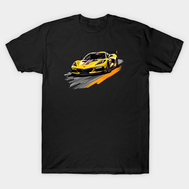 Accelerate Yellow C8 Corvette Supercar racecar on a race track Sports car Racing car T-Shirt by Tees 4 Thee